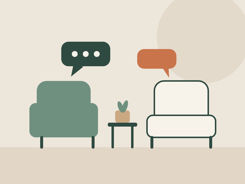 Ilustração de duas poltronas frente a frente, com balões de conversa