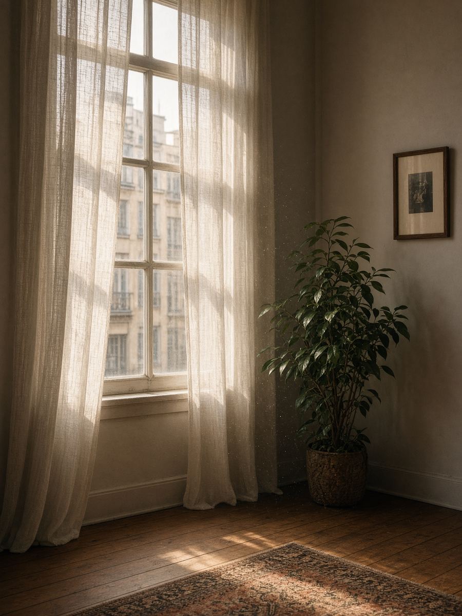 Janela com cortina de linho e planta ao lado, luz da tarde
