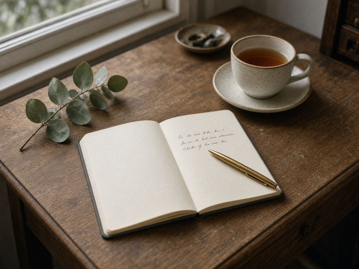 Mesa de madeira com caderno aberto, caneta e xícara de chá