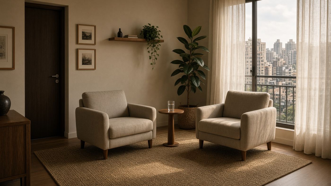 Sala de atendimento com duas poltronas e luz da tarde